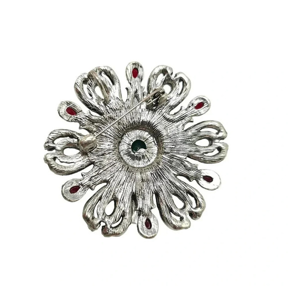 Clear Rhinestones Red Green Stone Flower Openwork Brooch Pin Vintage - Picture 3 of 4